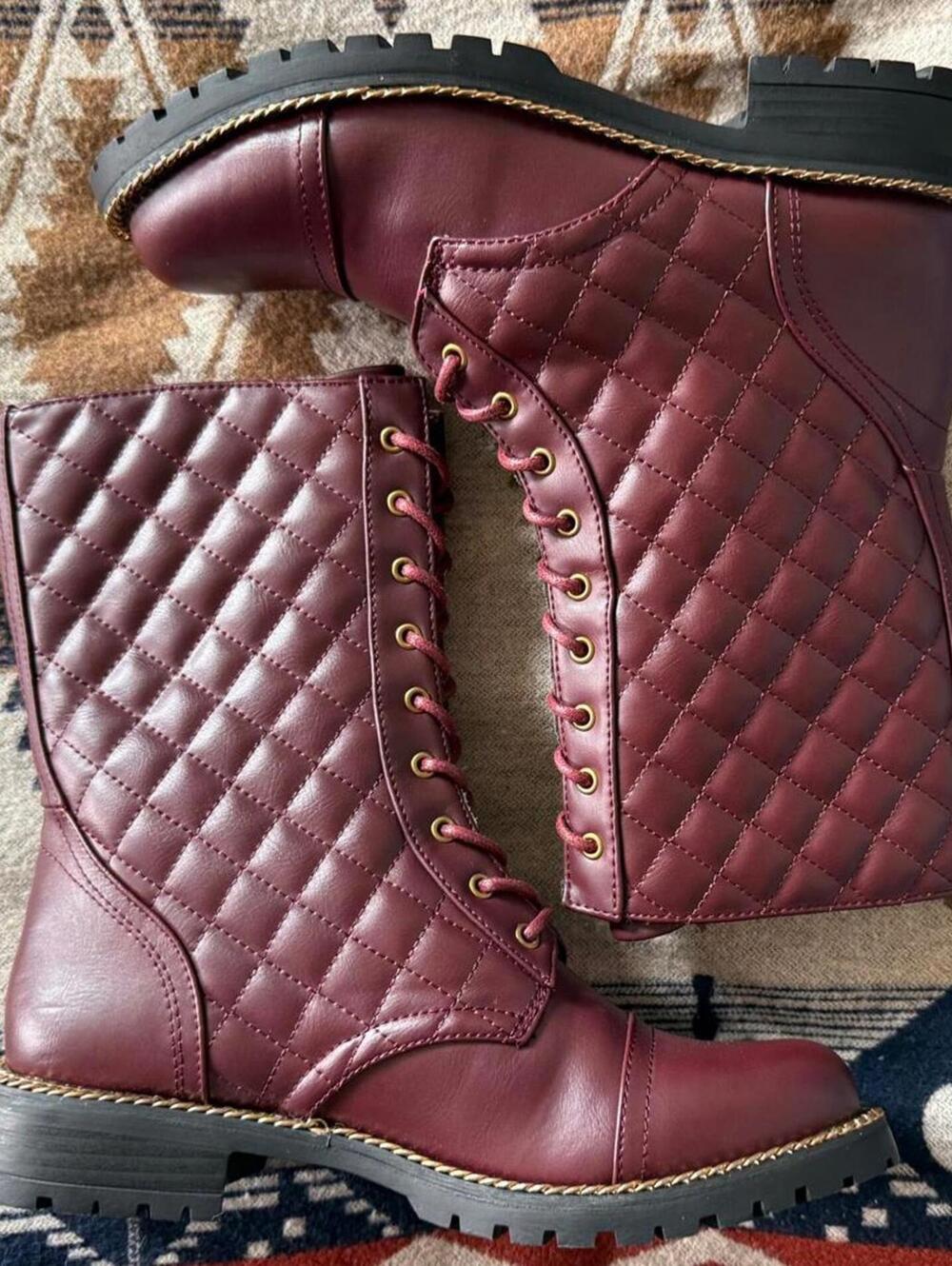 Charlee Burgundy Quilted Lace Up Combat Boots Chain Trim Size 7.5 - Picture 1 of 6